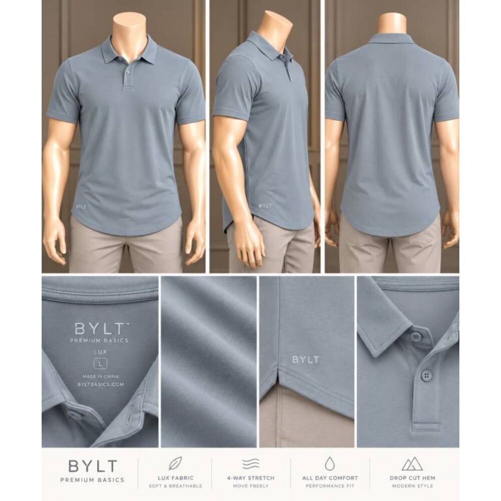 BYLT Premium Basics Men's Large Drop Cut Polo Light Blue-Grey Short Sleeve LUX